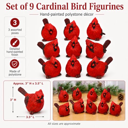 Set of 9 Handcrafted Red Cardinal Bird Figurines - Memorial & Holiday Decor, 3 Poses, 3.5 Inch