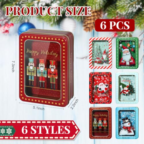 Tioncy Christmas Cookie Tin with Lid - Rectangle, 7.3 x 5.1 x 2.2 Inches, Set of 6 Holiday Cookie Jars