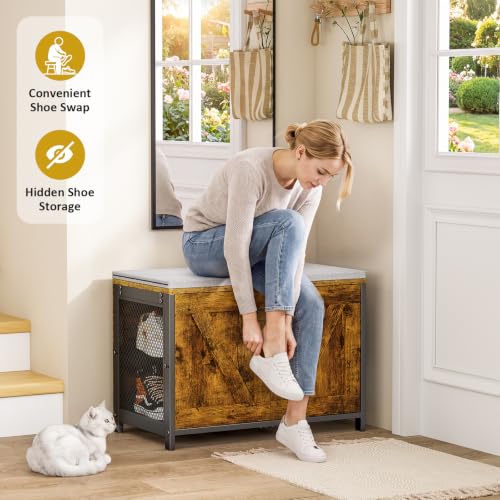 Small Entryway Shoe Storage Bench with Cushioned Seat and Doors