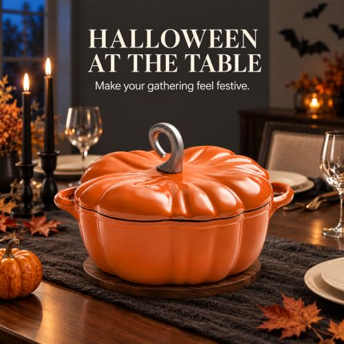 Pumpkin Cast Iron Dutch Oven Pot with Lid - Orange Halloween & Thanksgiving Decor