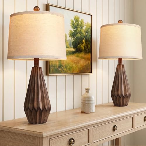 Hamucd 22-Inch Set of 2 Rustic Farmhouse Table Lamps with Wood Grain Finish and Linen Shades