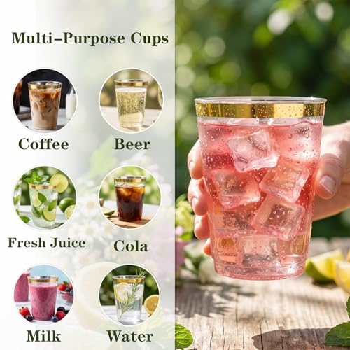 DaYammi Gold Rimmed Plastic Cups 10 Oz - 200 Pack Disposable Party Drinkware, Wedding & Event Use