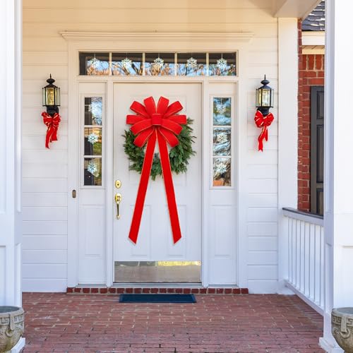 2 Pieces Extra Large Red Velvet Christmas Bows 70 x 19 Inches with Gold Glitter Edge - 6-Loop Decor