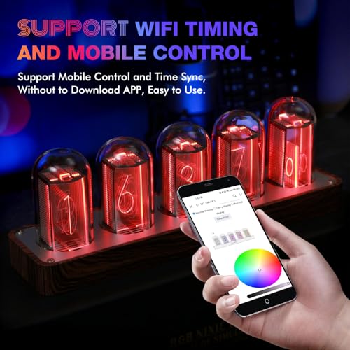 ClocTeck Nixie Tube Clock with Wi-Fi, Alarm, Timer, 12/24H Display, No Assembly Needed (Wood Grain)