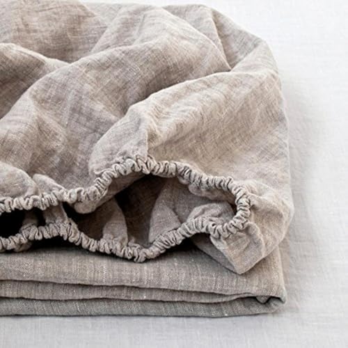 Simple&Opulence Queen Linen Fitted Sheet 14 Inch Deep Pocket Natural Flax Bed Cover