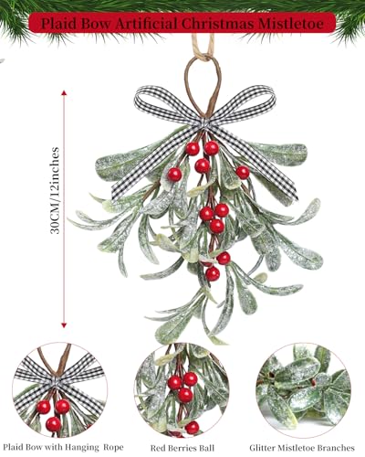 Artificial Mistletoe Décor for Doorways - 12in Glitter Leaves with Red Berries
