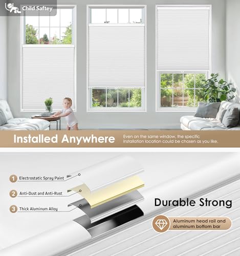 LazBlinds No Drill Cordless Cellular Blackout Shades 35 x 36 White - Inside Mount
