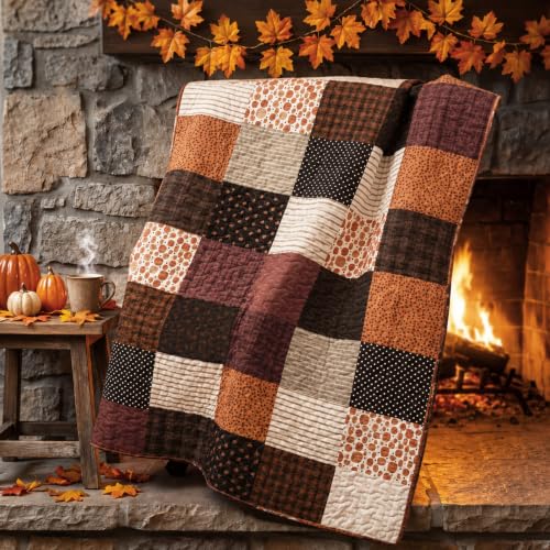 Fall Pumpkin Patchwork Quilted Throw Blanket 50x66 Inches - Autumn Decor