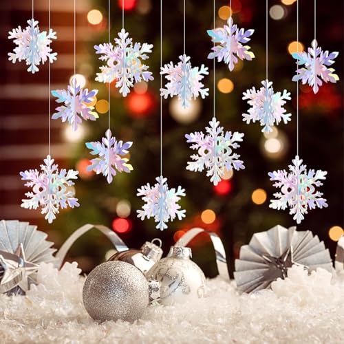 Iridescent-Holographic Snowflake-Snow Christmas Party-Decorations Garland - 12Pcs 3D Winter Wonderland Frozen Hanging Streamers Banner,Disco Birthday Baby Bridal Shower Wedding Decor Supplies Hugtmr