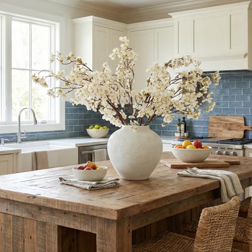 White Cherry Blossom Branches - 6 Faux Silk Long Stems for Vase Arrangements
