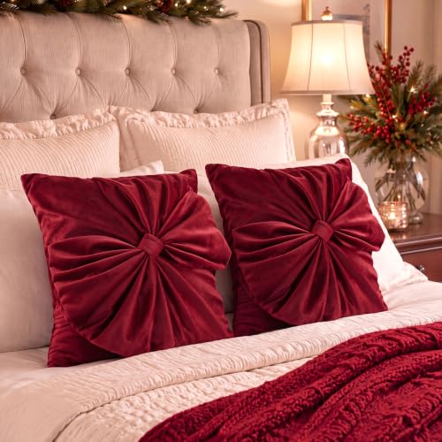 Leinuosen Red Christmas Velvet Pillow Cover with Bow - 18x18 Inches