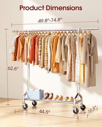 Extendable Stainless Steel Clothes Rack - Silver, 49.8 to 74.8 Inches, with Casters and Bottom Shelf
