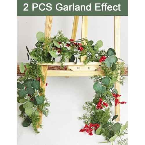 5.9 Feet Eucalyptus Leaves Red Berry Norfolk Pine Christmas Greenery Garland for Table, Mantle, Wall, Indoor, Outdoor Christmas Decorations