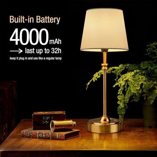 ONEWISH Golden Cordless Rechargeable Table Lamp 4000mAh Touch Dimmable Fabric Shade