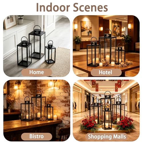 Square Black Decorative Metal Candle Lanterns Set Hanging & Tabletop for Indoor Outdoor
