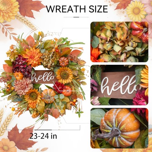 Pumpkin Fall Wreath for Front Door 24 Inch Autumn Decor Sunflowers & Pumpkins