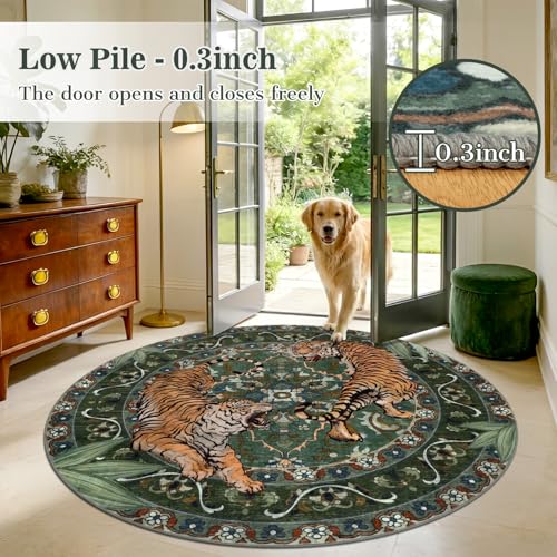 Tiger Round Area Rugs for Living Room 6ft, Boho Green Animal Print