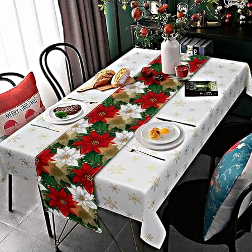 PROCIDA 13x90 Inch Poinsettia Christmas Table Runner - Burlap Red/Green Holiday Decor