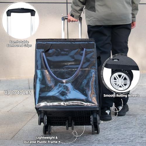 Wloskance Reusable Grocery Bags on Wheels - Black Rolling Tote, 40 lbs Capacity