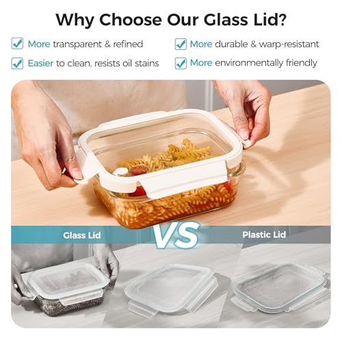 Glass Food Storage Containers with Glass Lids & Air Vent - 5 Pack, 35oz, White