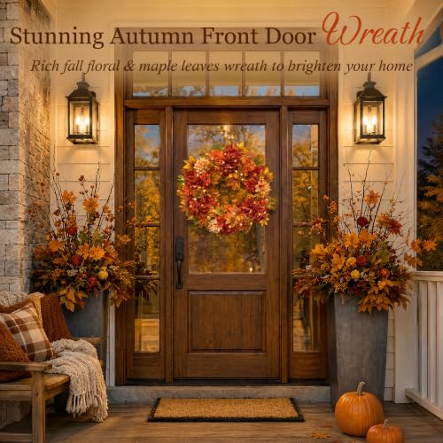 24 Inch Fall Wreath for Front Door - Autumn Floral Decor with Lifelike Blooms