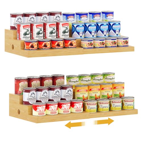 2-Pack Expandable Bamboo Can Organizer for Pantry Display, Holds 48