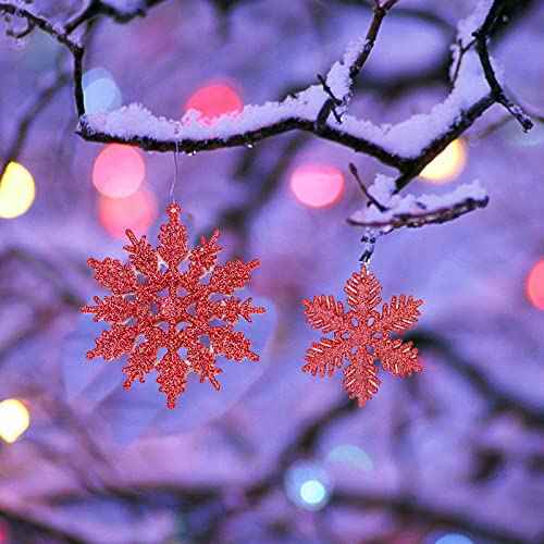36Pcs Red Snowflake Ornaments, Plastic Glitter Snow Flakes Ornaments for DIY Winter Christmas Tree Decorations,New Year Party Home Decorations