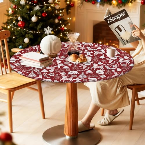 Artsgoo Christmas Round Fitted Tablecloth 52-Inch for 46-50 Inch Tables