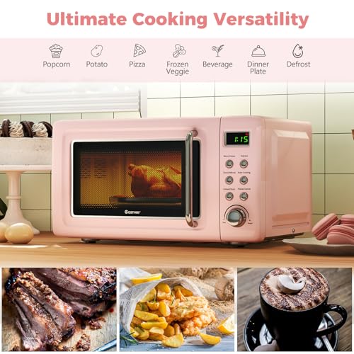 Pink Small Microwave Oven - 0.7 Cu.ft Countertop Retro Compact Kitchen Appliance - COSTWAY