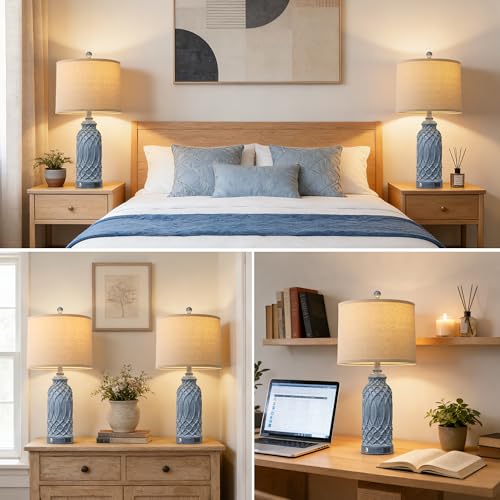 Blue Resin Table Lamp with Touch Dimming & USB Ports - 26.5''