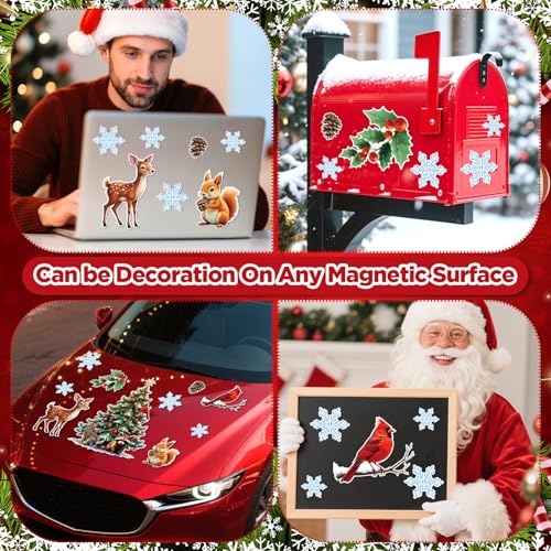Christmas Magnet Set - 10 Holiday Refrigerator & Dishwasher Decorations with Woodland Creatures & Snowflakes