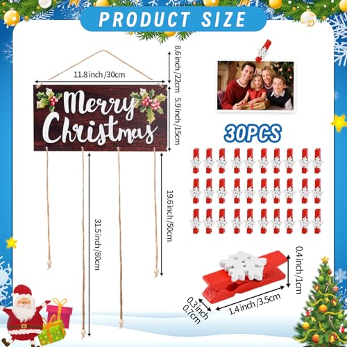 Brown Christmas Card Holder with 30 Snowflake Clips – Wooden Photo Display