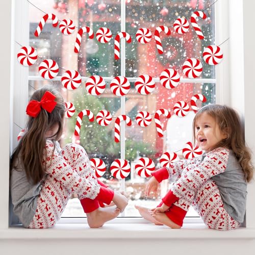 Whaline 4Pcs Christmas Paper Banner Red White Stripe Candy Cane Banner Xmas Bunting Garland for Christmas Party Supplies Home Hanging Decoration
