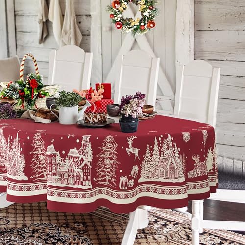 Oval Red Christmas Tablecloth 60 x 102 in — Waterproof Polyester for Holiday Dining, Yighty