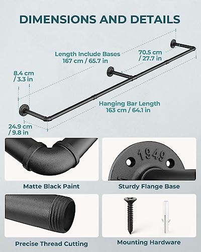 Heavy Duty Industrial Pipe Clothes Rack 65.7 Inch Wall-Mounted 2 Pack - Black
