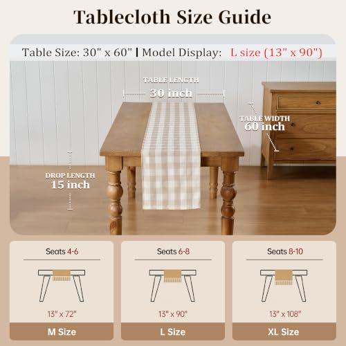 POSEAT Beige Gingham Table Runner 72 x 13 Inches | Cotton Linen Blend