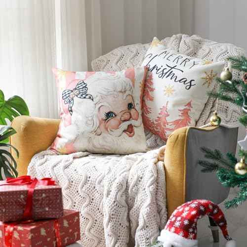 Christmas Pillow Covers, 18x18 Set of 4 Pink Xmas Pillow Covers Decor, Santa Snowflake Merry Christmas Tree Reindeer Joy Gift, Winter Pillowcase Decorative Throw Cushion Case for Sofa Caces