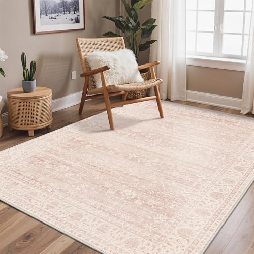 Pink 5x7 Area Rug - Washable Non-Slip Vintage Floral Rug for Living Room - Pink / 5' x 7'
