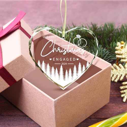 Engagement Gifts for Couples Christmas Crystals Ornaments 2024 Newly Engaged Keepsake Heart Glass with Gift Box for Women, Our First Christmas Engaged
