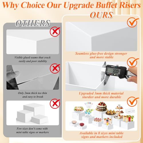 White Acrylic Buffet Risers Set with Mini Sign & Markers - 10 Sizes