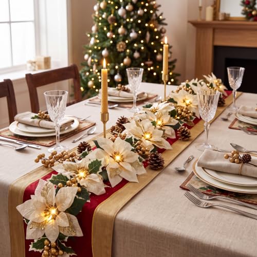 Zubebe Champagne Prelit Poinsettia Christmas Garland 6.5 ft with Remote & 8 Modes