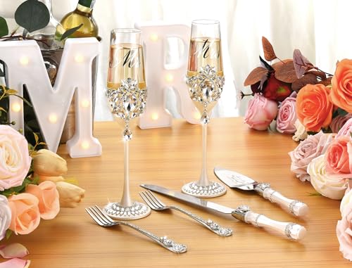 Wedding Cake Cutting Set with Crystal Champagne Flutes - Silver Petal Rhinestones