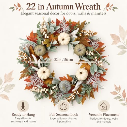 Worthyeah Fall Wreath - Farmhouse Thanksgiving Front Door Decor, Autumn Welcome