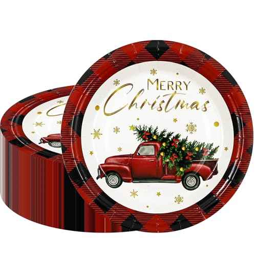 50 PCS Christmas Paper Plates, 7'' Christmas Party Plates, Disposable Red Truck Tree Design Merry Xmas Holiday Dinnerware for Xmas Party Supplies Winter Decorations