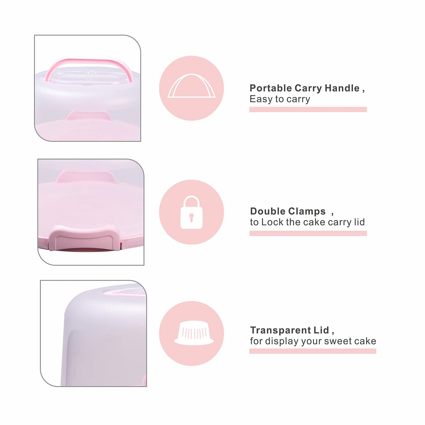 SETLUX 10in Plastic Cake Carrier with Handle, Round Cake Holder with Lid Pink Cake Container for 6in/8in/10in Cake(white)