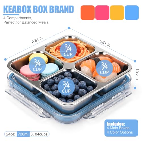 KEABOX 4-Pack Stainless Steel Snack Containers with 4 Compartments, Leak-Proof, 3 Cups Capacity
