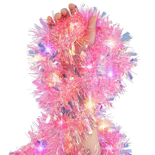 CCINEE DK217 16ft Pink Lighted Tinsel Garland – Prelit Twisted Indoor Christmas/Wedding Decor