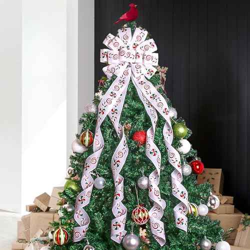 Christmas Tree Topper Christmas Wreath Bow 48x13 Inches Large White Christmas Toppers Bow with Candy Patterned Ribbon Glitter Satin Streamers for Xmas Tree Home Indoor Outdoor Decoration