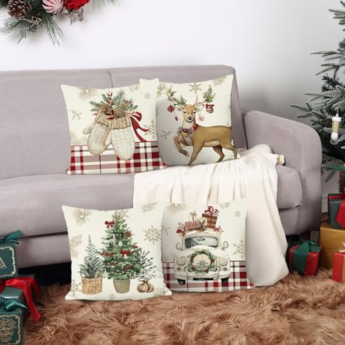Bonhause Christmas Throw Pillow Covers 18x18 Inch Reindeer Xmas Tree Truck Gloves Red Winter Holiday Decorative Polyester Linen Cushion Cases for Outdoor Sofa Couch Decor Set of 4
