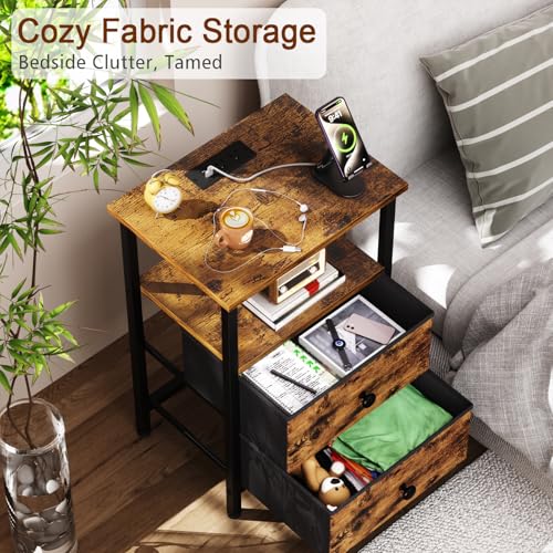 Rustic Brown Two-Drawer Nightstand with Charging Station - Small Bedside Table